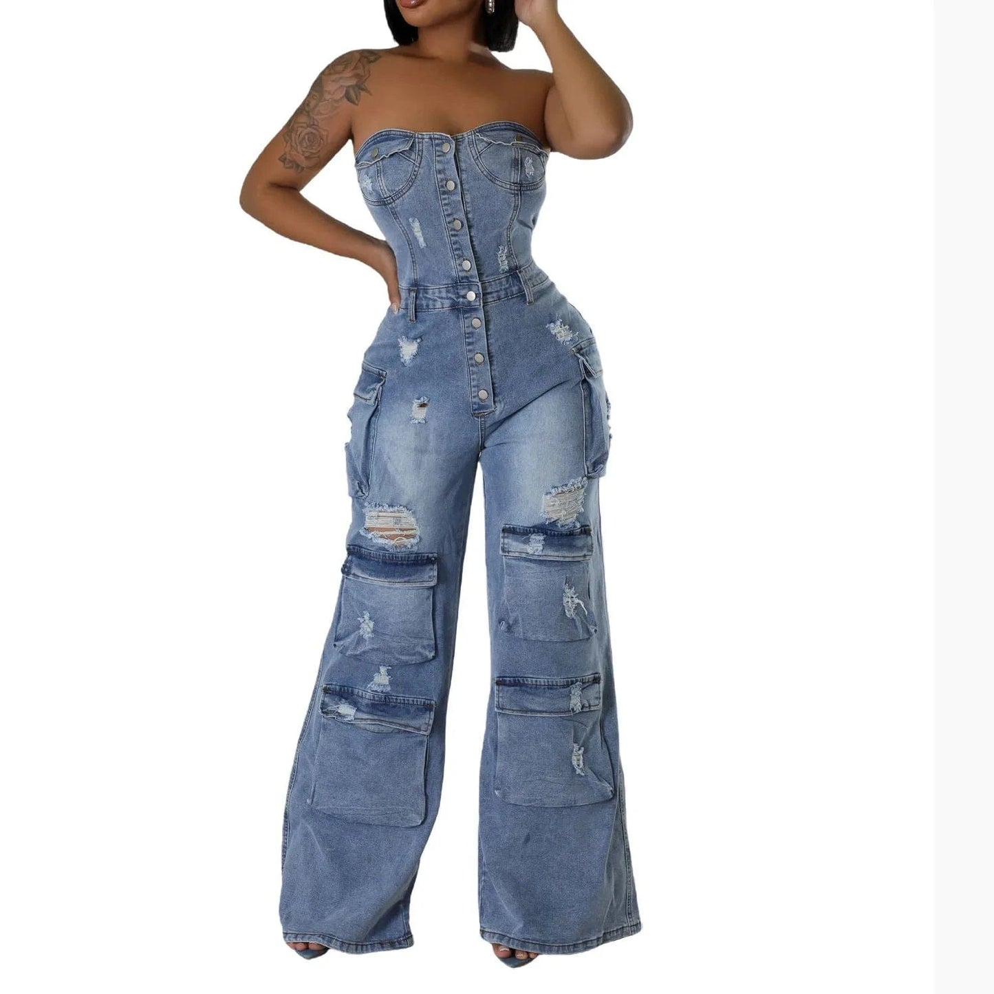 Women Fashion Overall Street Style Stretchy Blue Denim Strapless 2024 Loose Ripped One Piece Jean Cargo Jumpsuit