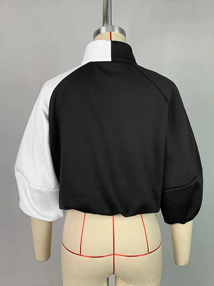 Women Fashion Patchwork Stand Collar Jackets 2025 New Spring Autumn Puff Sleeves Loose Fit Casual Korean Style Outerwears