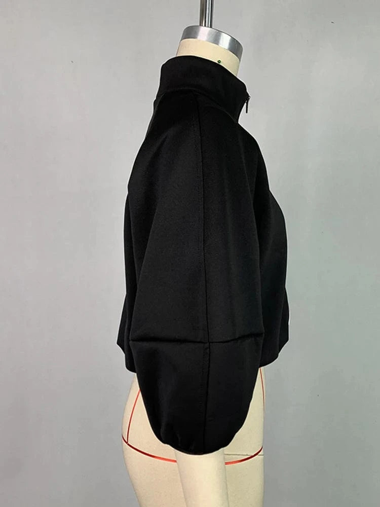 Women Fashion Patchwork Stand Collar Jackets 2025 New Spring Autumn Puff Sleeves Loose Fit Casual Korean Style Outerwears