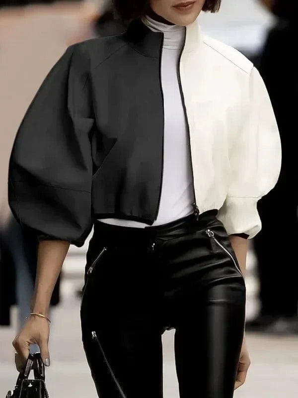 Women Fashion Patchwork Stand Collar Jackets 2025 New Spring Autumn Puff Sleeves Loose Fit Casual Korean Style Outerwears