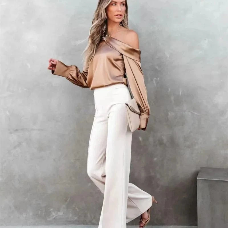 Women Fashion Sexy Slash Neck Satin Blouse Solid Color Long Sleeve Off Shoulder Office Shirt Lady Casual Loose Blouse Tops