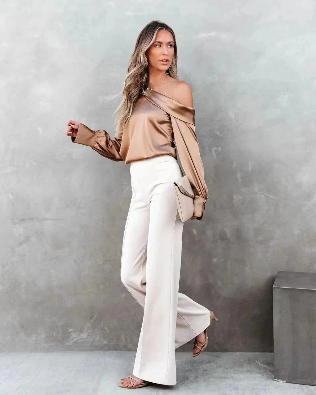Women Fashion Sexy Slash Neck Satin Blouse Solid Color Long Sleeve Off Shoulder Office Shirt Lady Casual Loose Blouse Tops