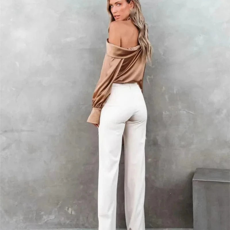 Women Fashion Sexy Slash Neck Satin Blouse Solid Color Long Sleeve Off Shoulder Office Shirt Lady Casual Loose Blouse Tops