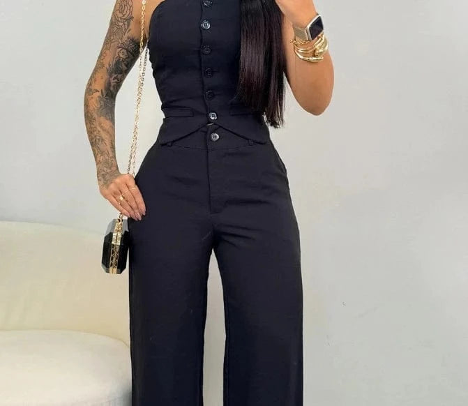 Women Fashion Sexy Summer 2 Pieces Outfit Bandeau Button Decor Vest Top & Casual Wide Leg Pants Set