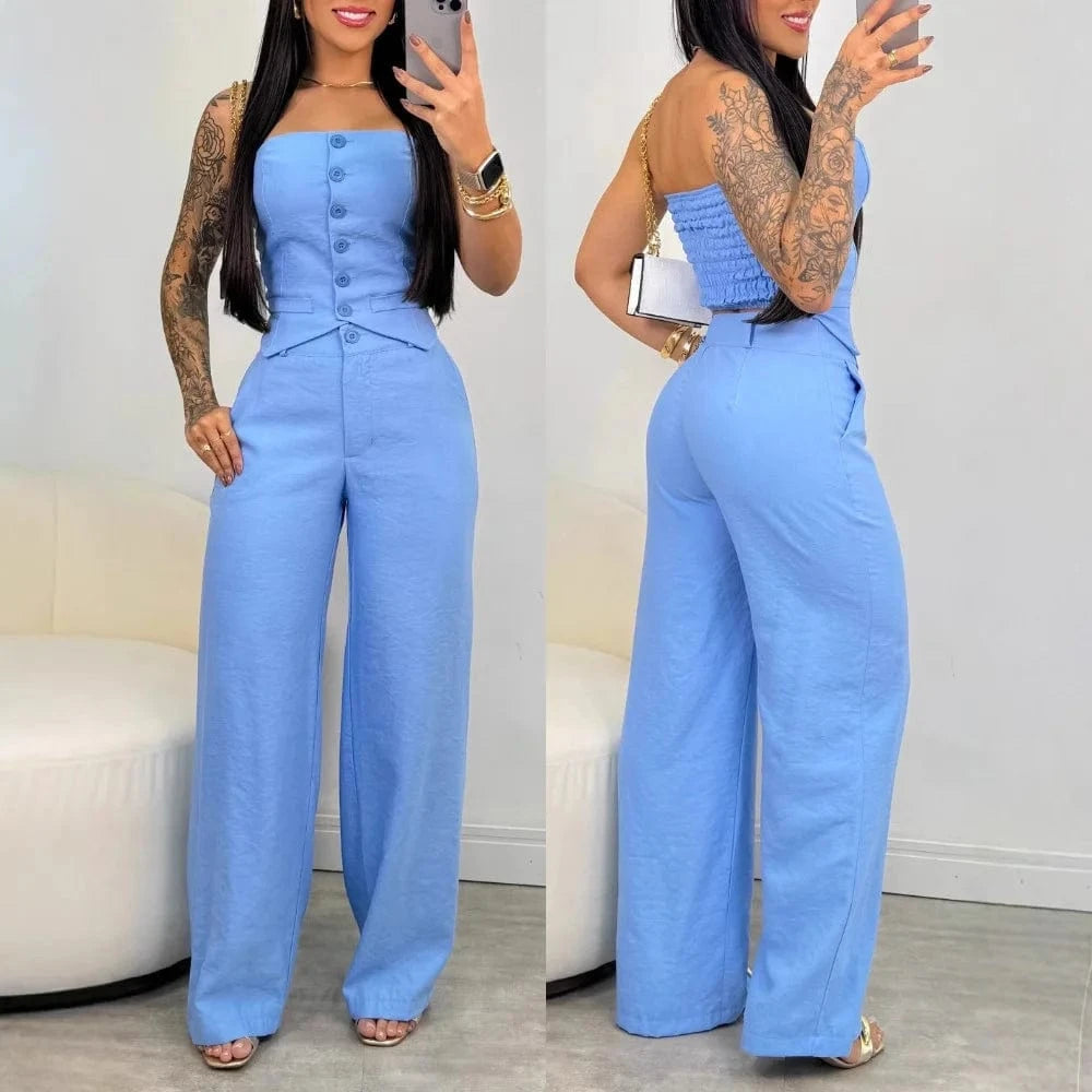 Women Fashion Sexy Summer 2 Pieces Outfit Bandeau Button Decor Vest Top & Casual Wide Leg Pants Set