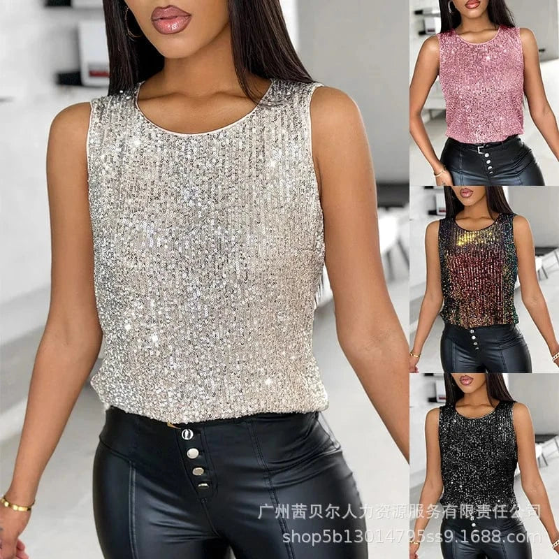 Women Glitter Sequin Round Neck Sleeveless Blouses Shirts Casual Sparkle Tank Top