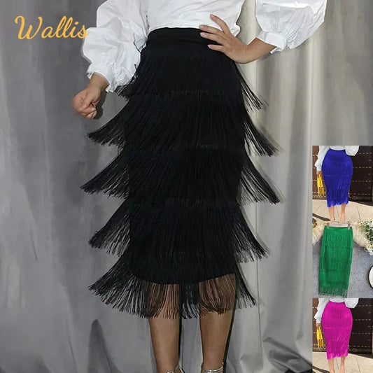 Women Green Midi Length Ladies Slim Jupe Saias Faldas Sexy Bodycon High Waist Stretch Sheath Fringe Pencil Tassel Girl Skirts