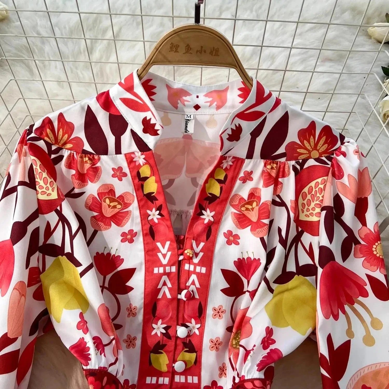 Women Holiday V Neck Flare Sleeve Single Breasted A Line Dresses Autumn Gorgeous Flower Print High Waist Beach Floral Vestidos