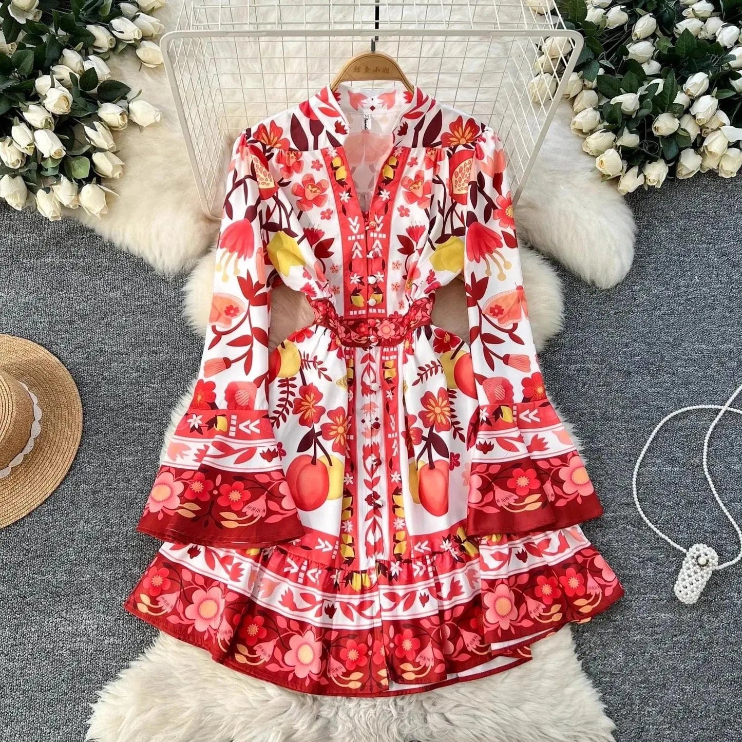 Women Holiday V Neck Flare Sleeve Single Breasted A Line Dresses Autumn Gorgeous Flower Print High Waist Beach Floral Vestidos