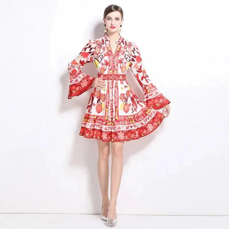 Women Holiday V Neck Flare Sleeve Single Breasted A Line Dresses Autumn Gorgeous Flower Print High Waist Beach Floral Vestidos