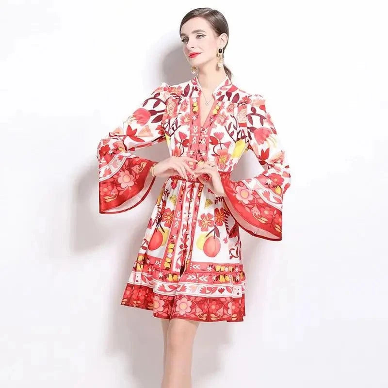 Women Holiday V Neck Flare Sleeve Single Breasted A Line Dresses Autumn Gorgeous Flower Print High Waist Beach Floral Vestidos