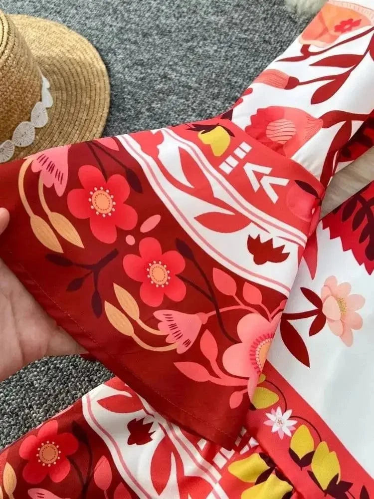 Women Holiday V Neck Flare Sleeve Single Breasted A Line Dresses Autumn Gorgeous Flower Print High Waist Beach Floral Vestidos