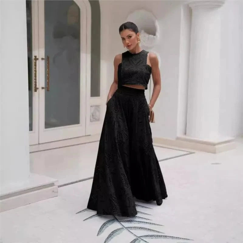 Women Hollow Out Sleeveless Embroidery Two-Piece Set 2025 O-Neck Blouse + Lace Pockets Skirt beach New Two Piece Set