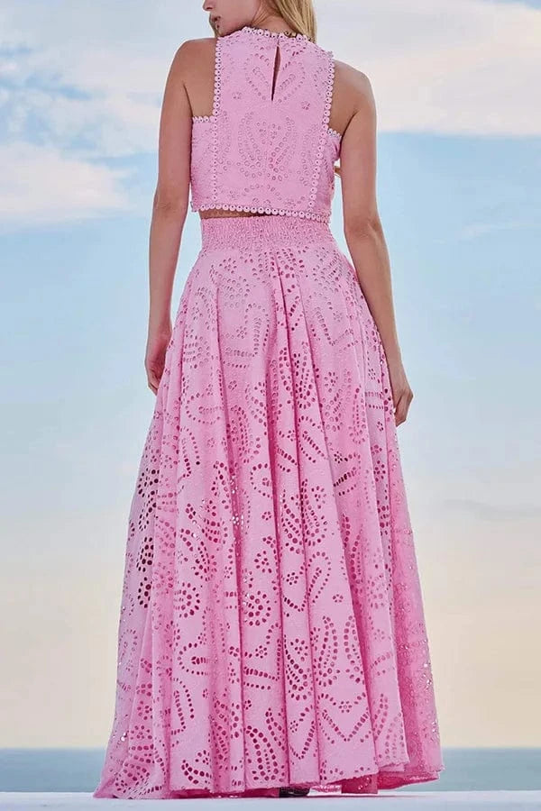 Women Hollow Out Sleeveless Embroidery Two-Piece Set 2025 O-Neck Blouse + Lace Pockets Skirt beach New Two Piece Set