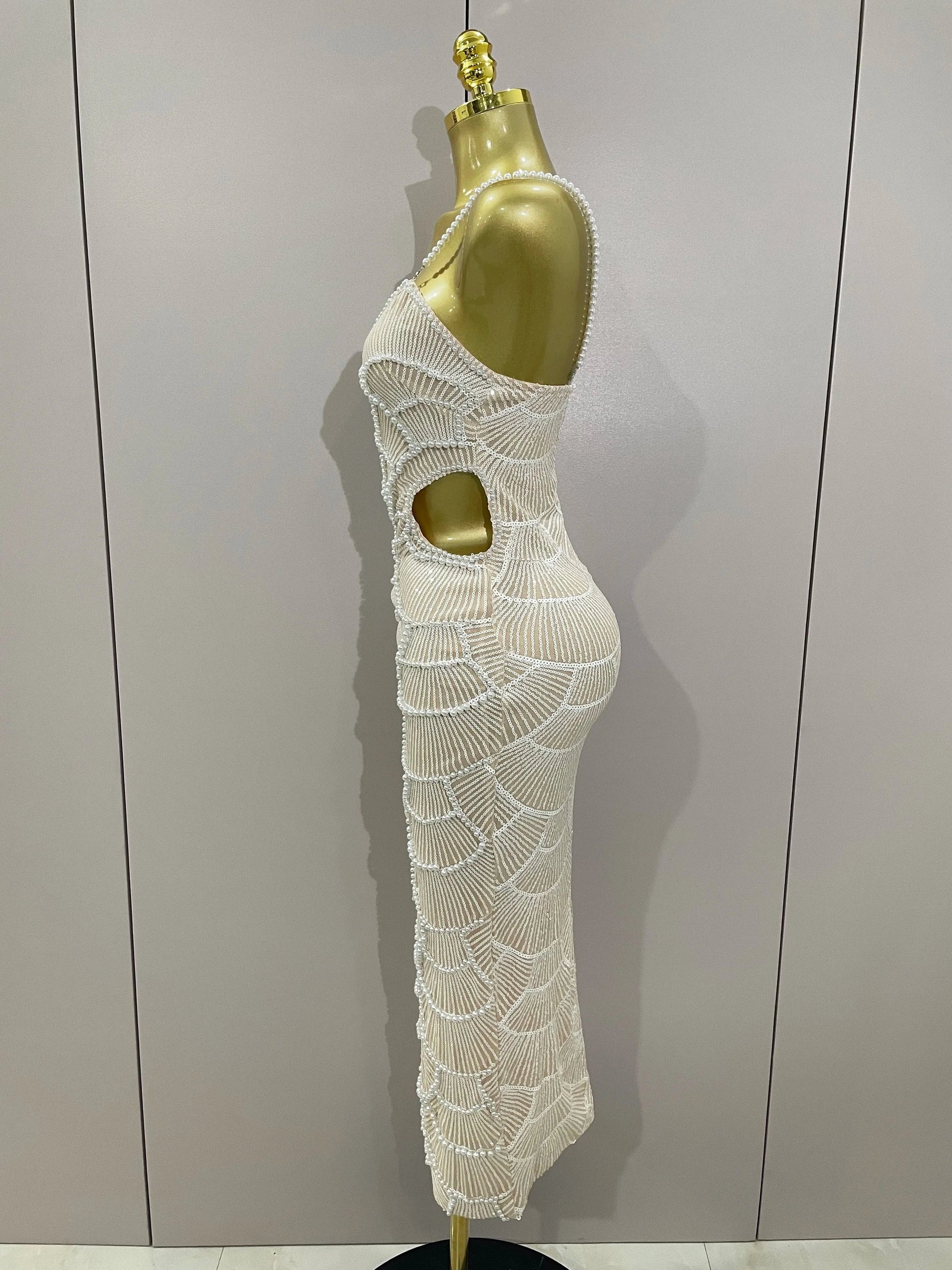 Women Hot Sale Sleeveless Sexy Strap Pearl Beading Sequins Bodycon Long Dress Celebrate Evening Party Birthday Outfit Vestido