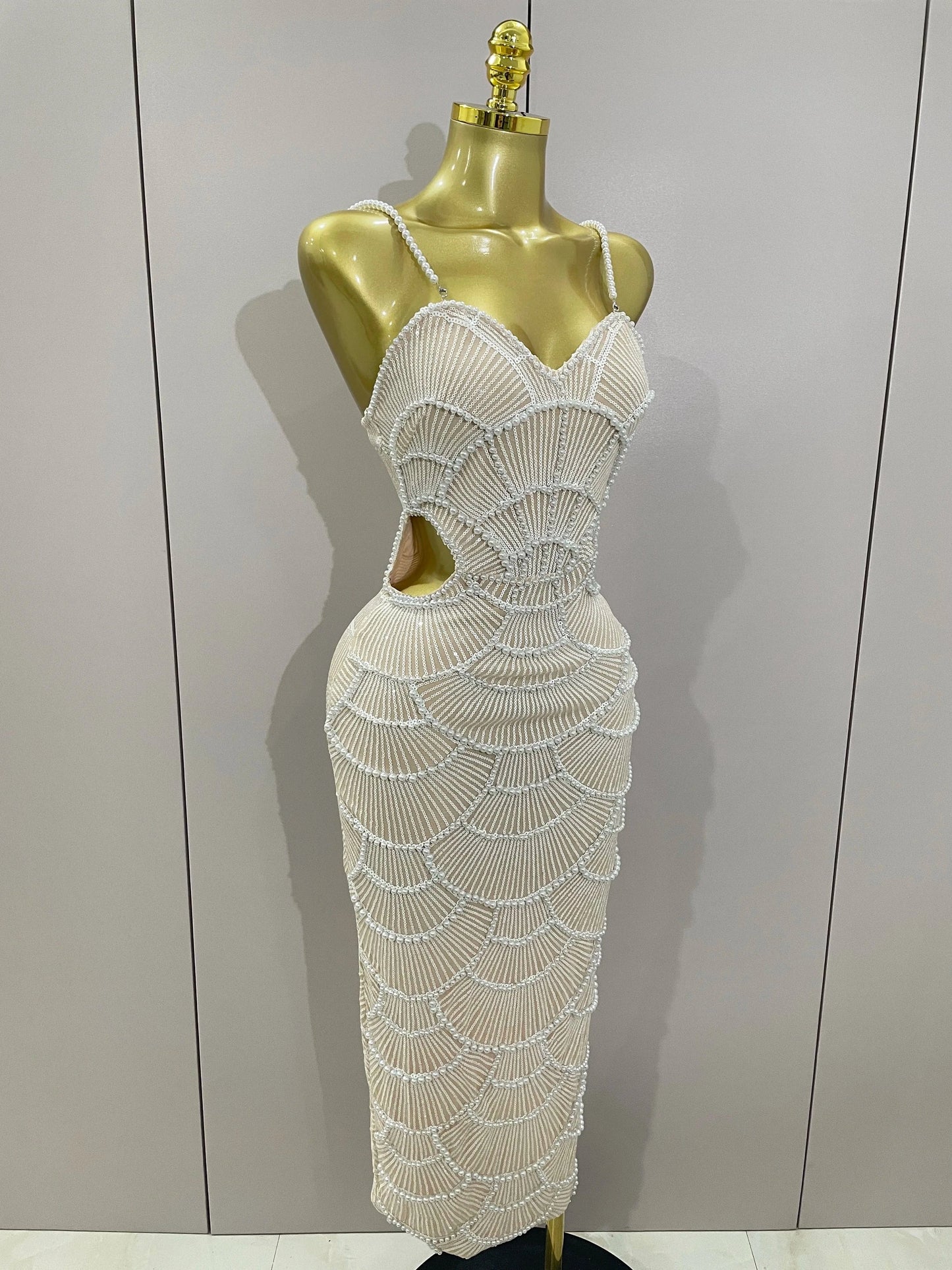 Women Hot Sale Sleeveless Sexy Strap Pearl Beading Sequins Bodycon Long Dress Celebrate Evening Party Birthday Outfit Vestido