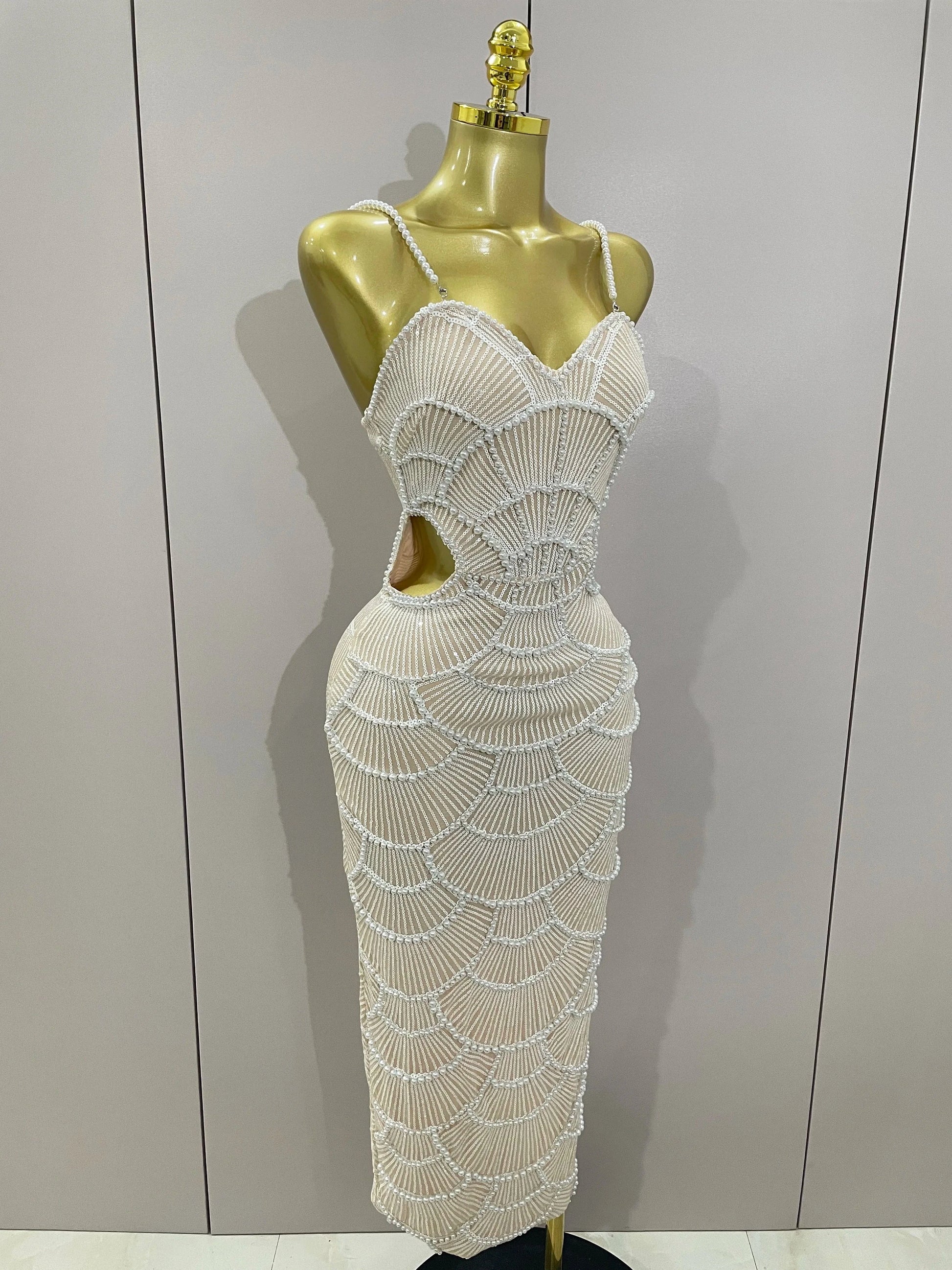 Women Hot Sale Sleeveless Sexy Strap Pearl Beading Sequins Bodycon Long Dress Celebrate Evening Party Birthday Outfit Vestido
