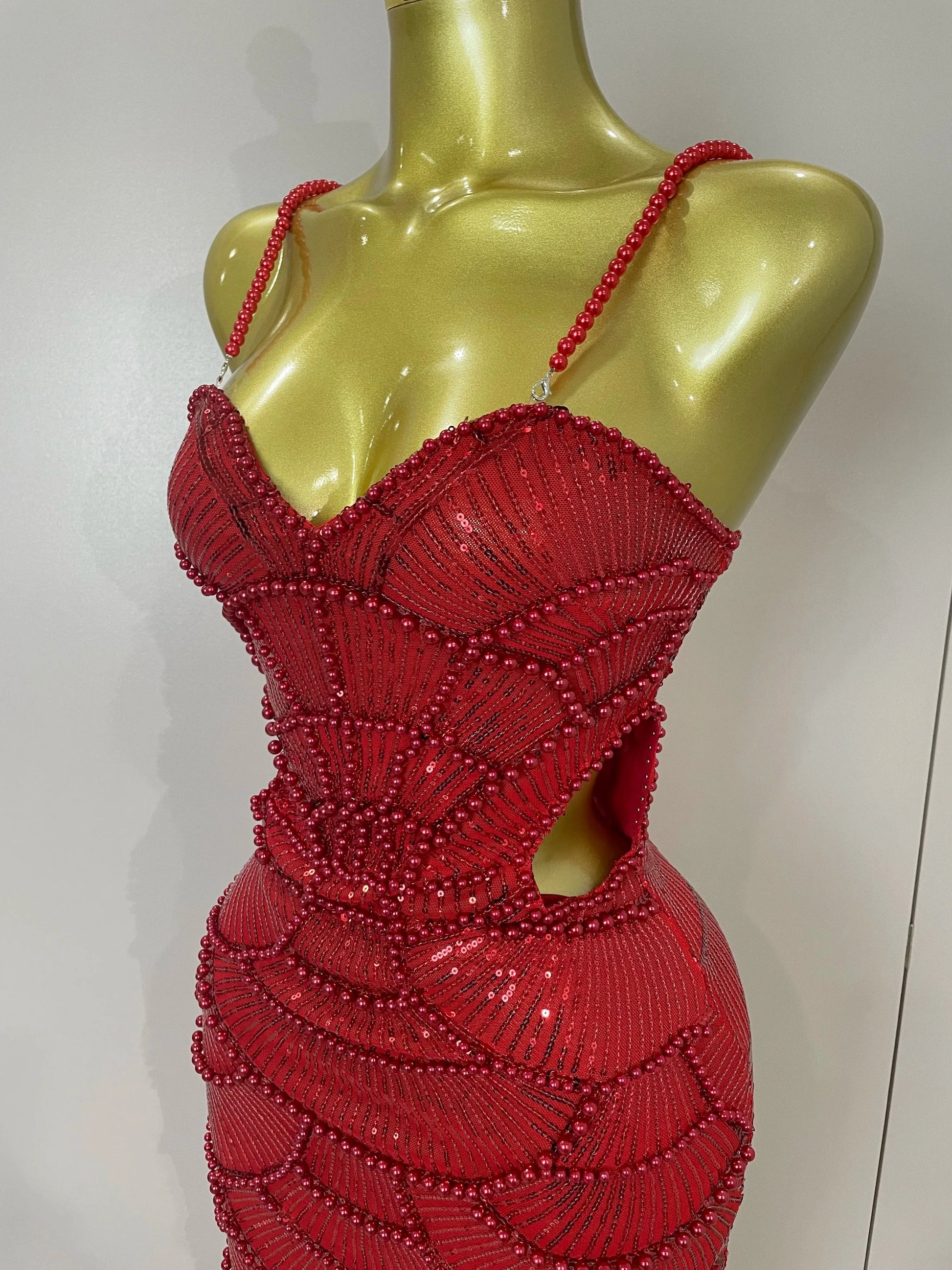 Women Hot Sale Sleeveless Sexy Strap Pearl Beading Sequins Bodycon Long Dress Celebrate Evening Party Birthday Outfit Vestido