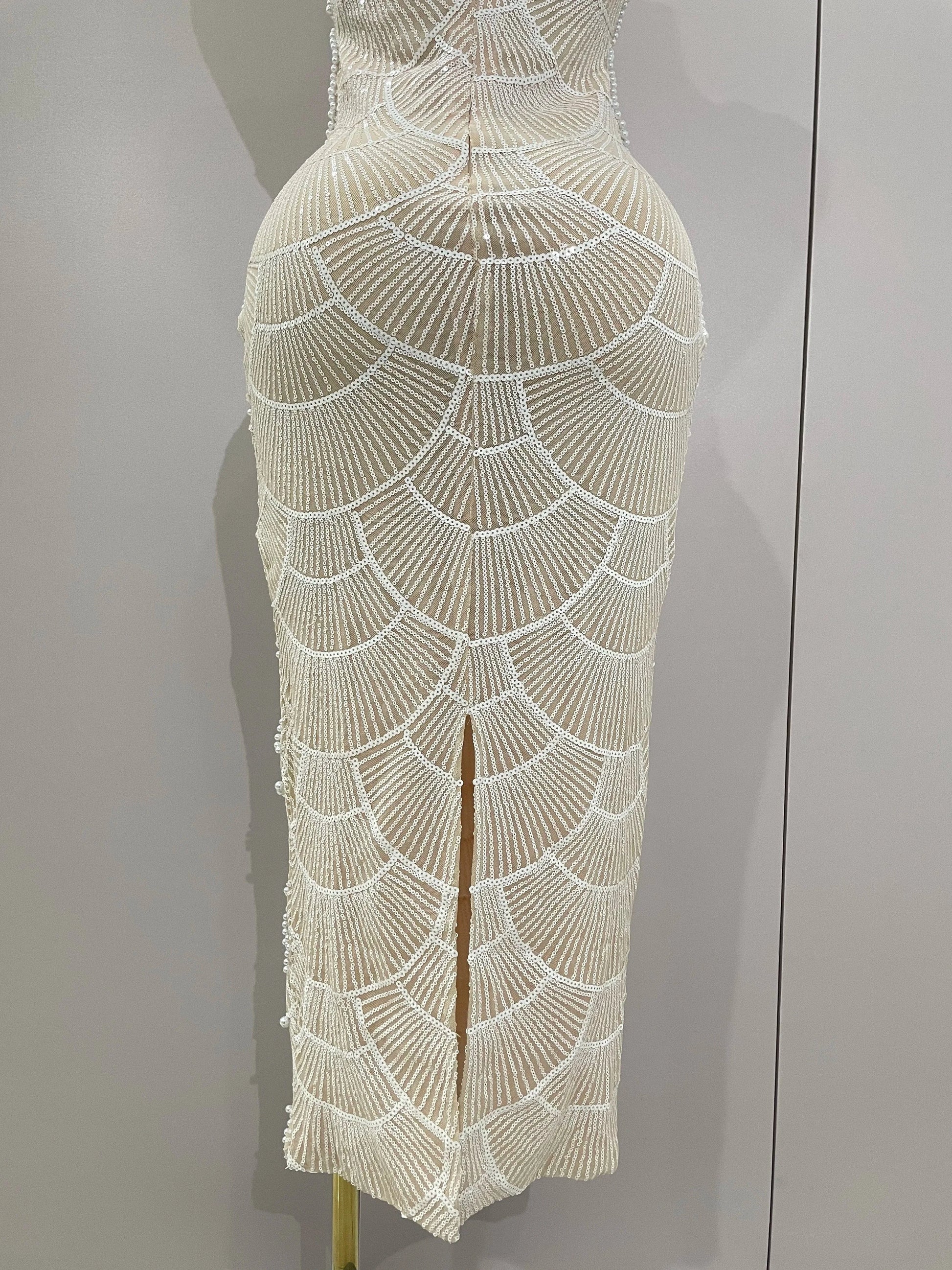 Women Hot Sale Sleeveless Sexy Strap Pearl Beading Sequins Bodycon Long Dress Celebrate Evening Party Birthday Outfit Vestido