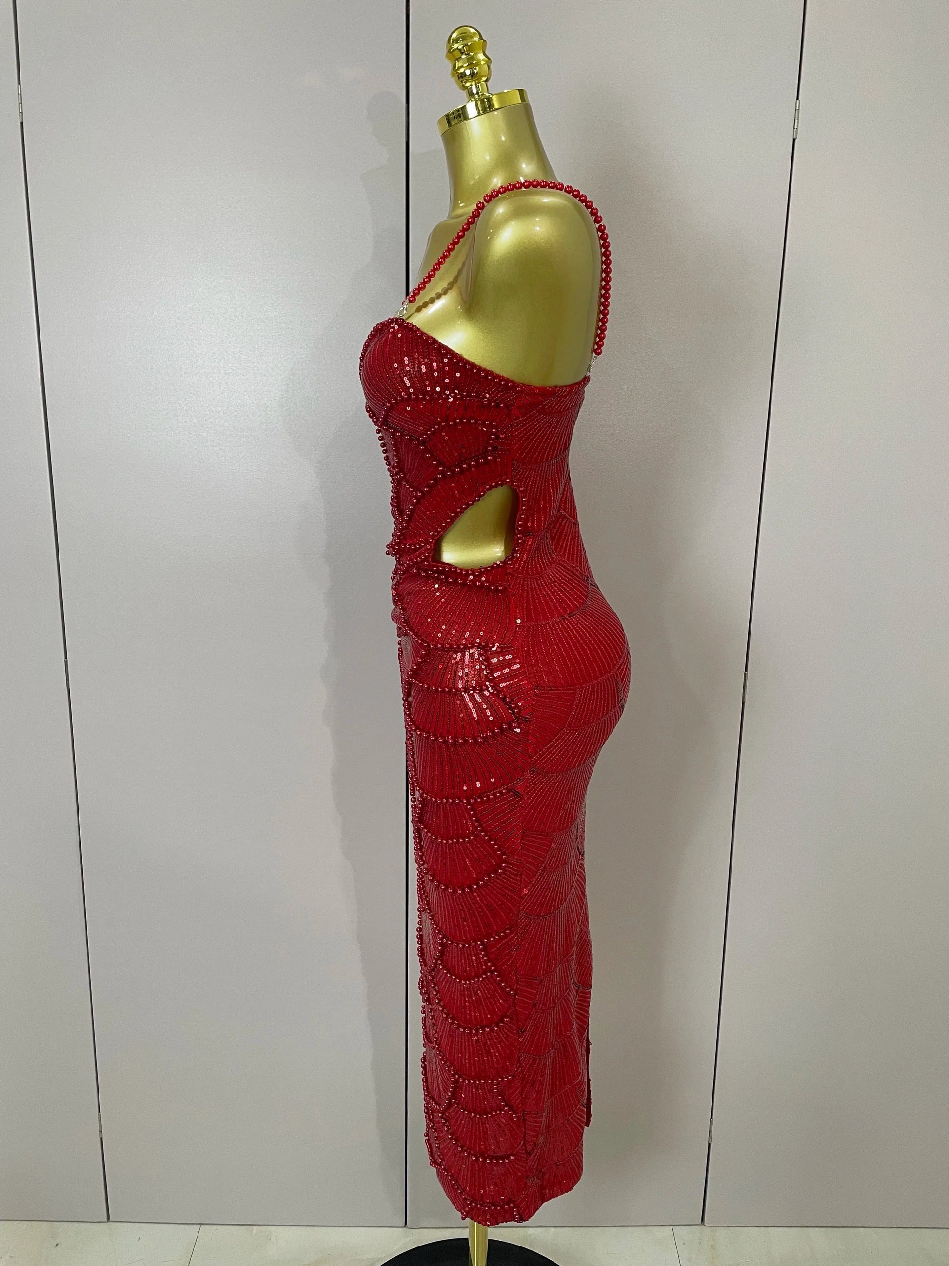 Women Hot Sale Sleeveless Sexy Strap Pearl Beading Sequins Bodycon Long Dress Celebrate Evening Party Birthday Outfit Vestido