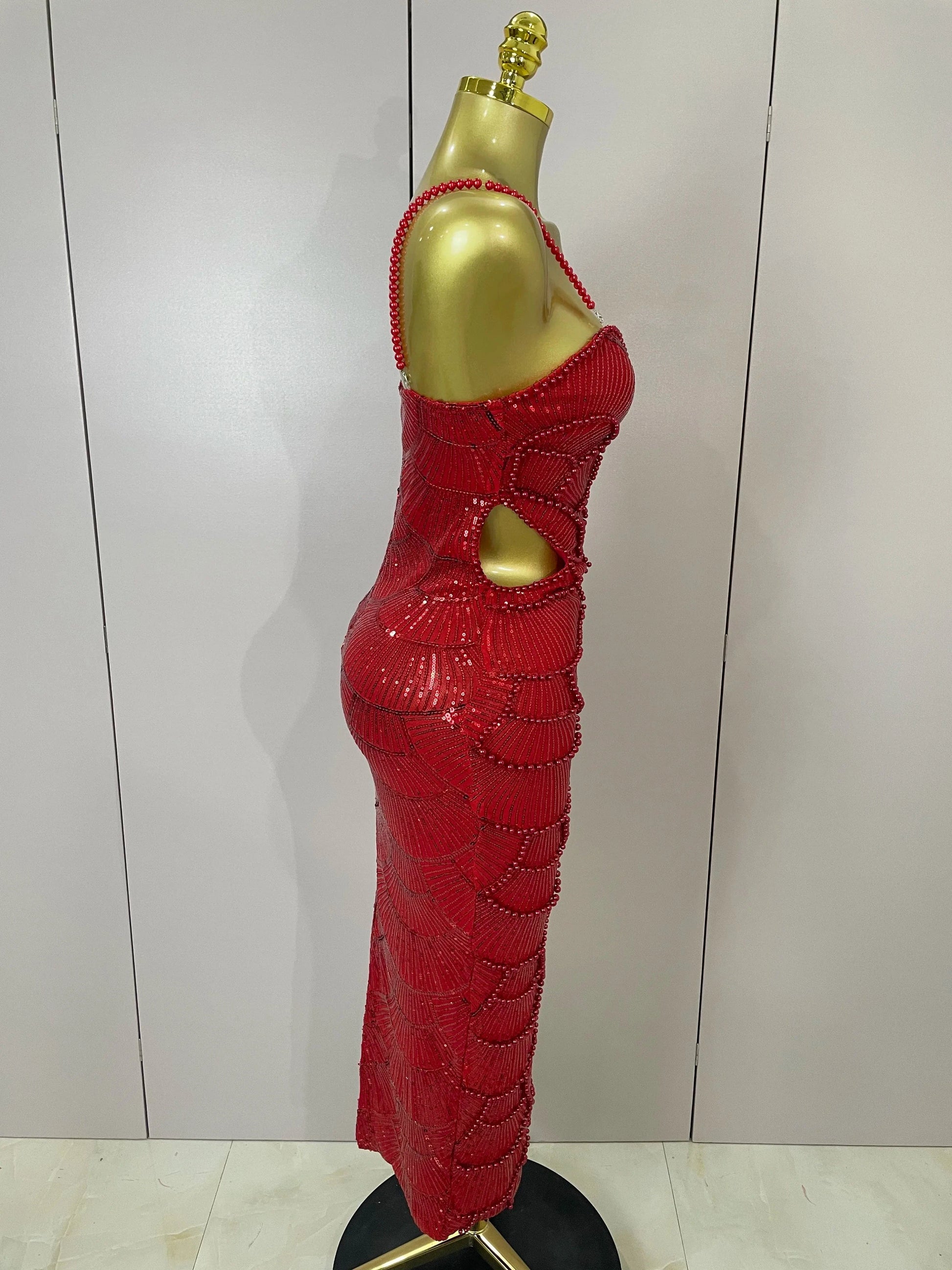 Women Hot Sale Sleeveless Sexy Strap Pearl Beading Sequins Bodycon Long Dress Celebrate Evening Party Birthday Outfit Vestido