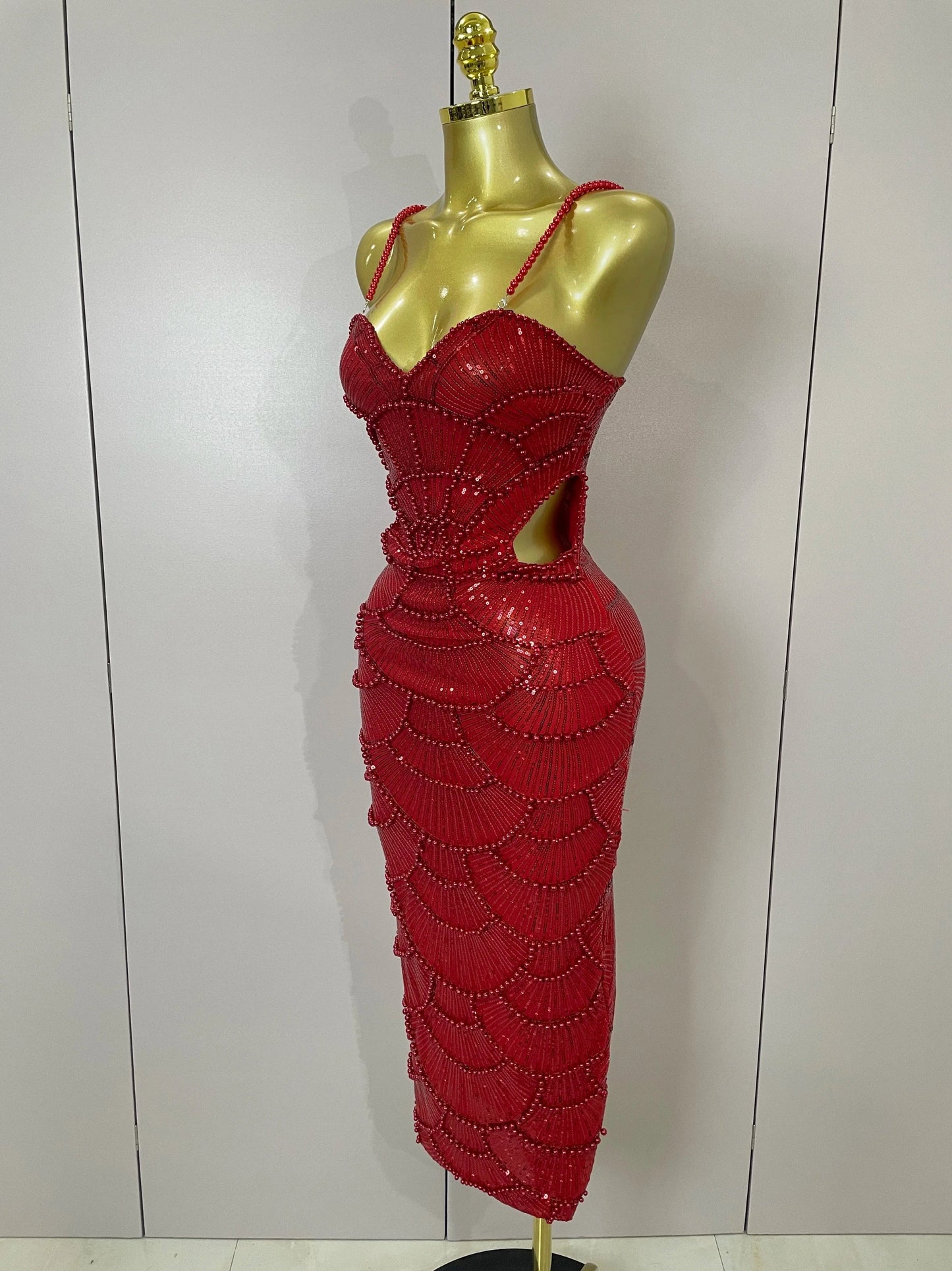 Women Hot Sale Sleeveless Sexy Strap Pearl Beading Sequins Bodycon Long Dress Celebrate Evening Party Birthday Outfit Vestido