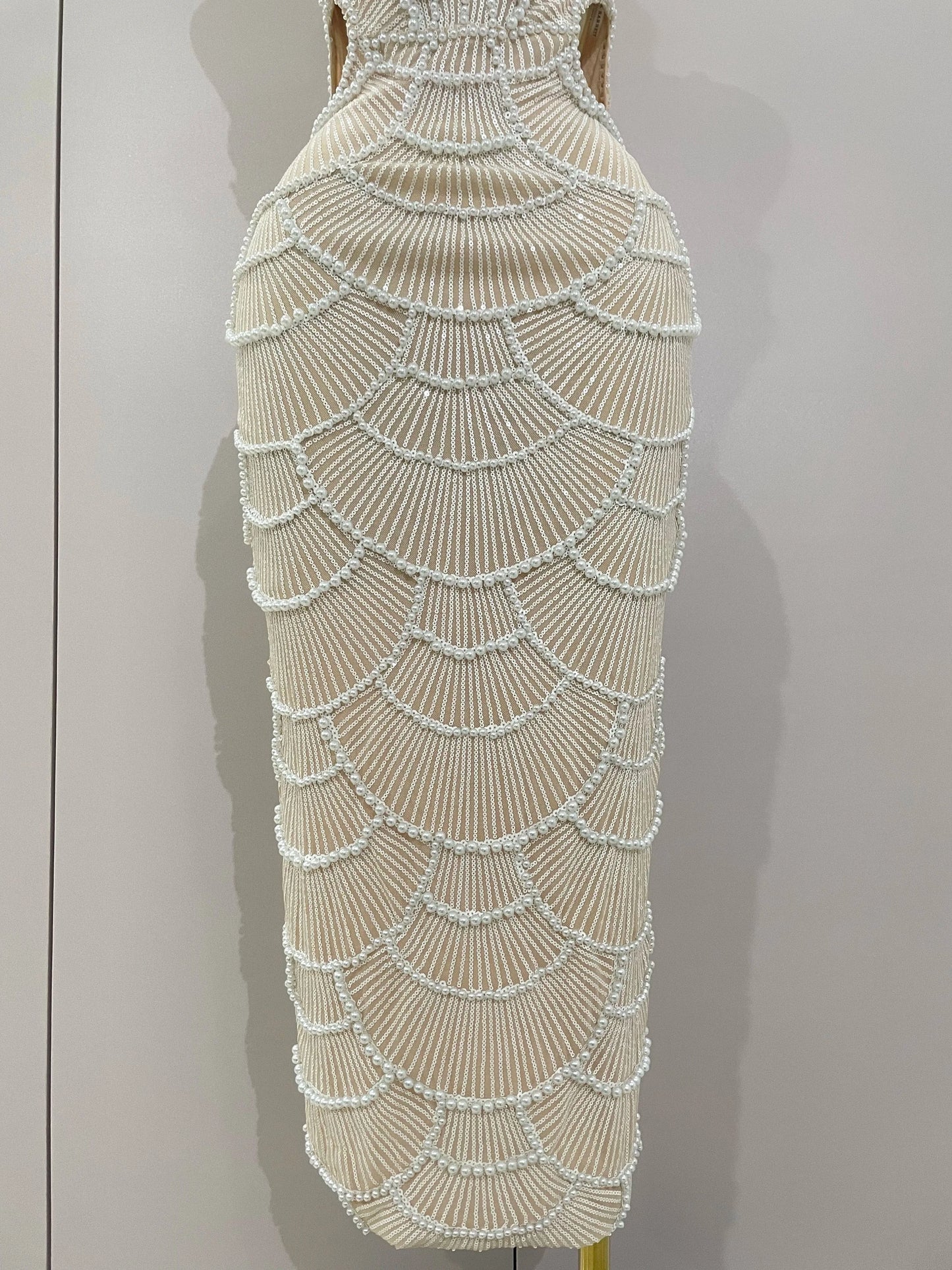 Women Hot Sale Sleeveless Sexy Strap Pearl Beading Sequins Bodycon Long Dress Celebrate Evening Party Birthday Outfit Vestido