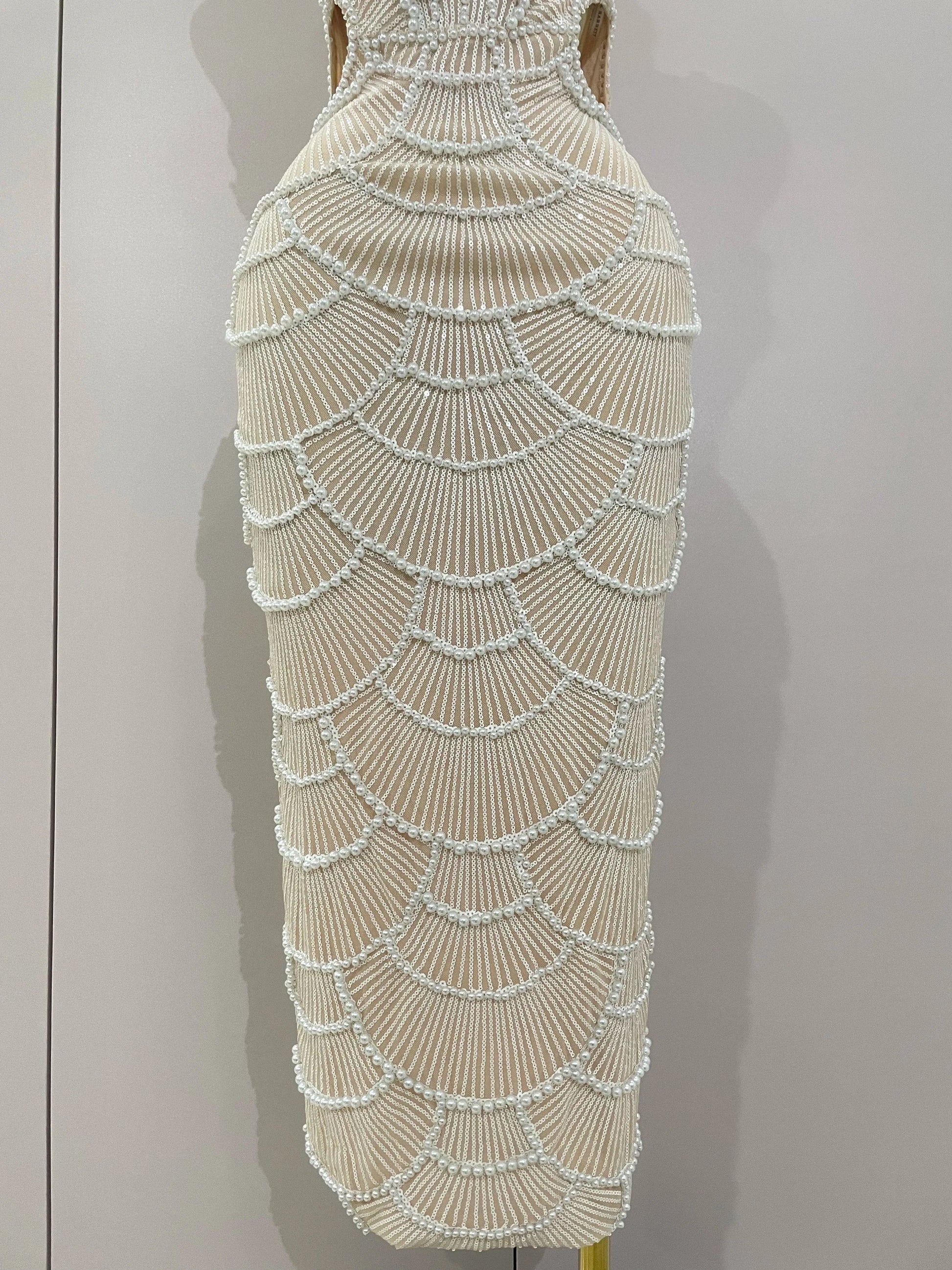 Women Hot Sale Sleeveless Sexy Strap Pearl Beading Sequins Bodycon Long Dress Celebrate Evening Party Birthday Outfit Vestido