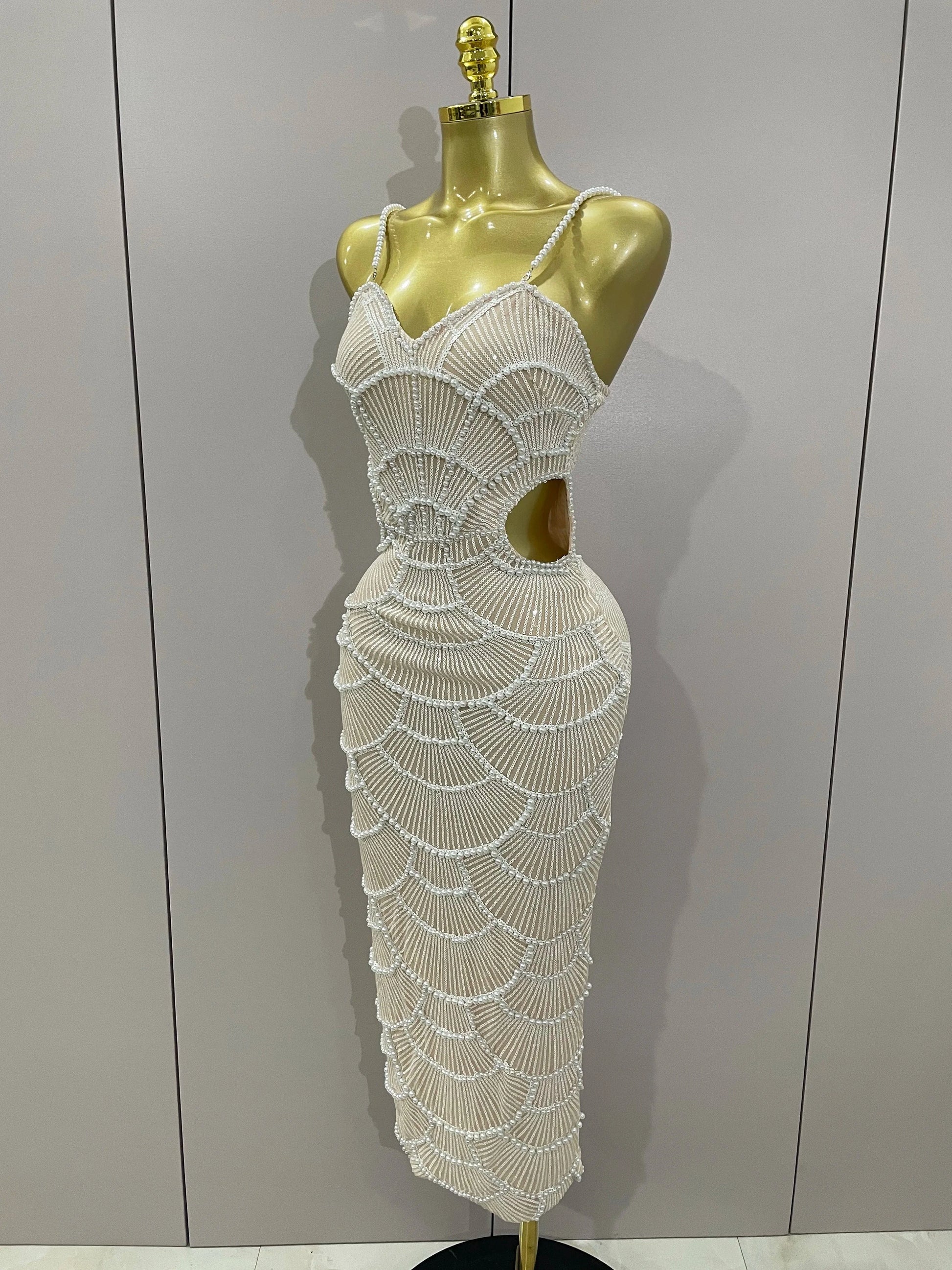 Women Hot Sale Sleeveless Sexy Strap Pearl Beading Sequins Bodycon Long Dress Celebrate Evening Party Birthday Outfit Vestido