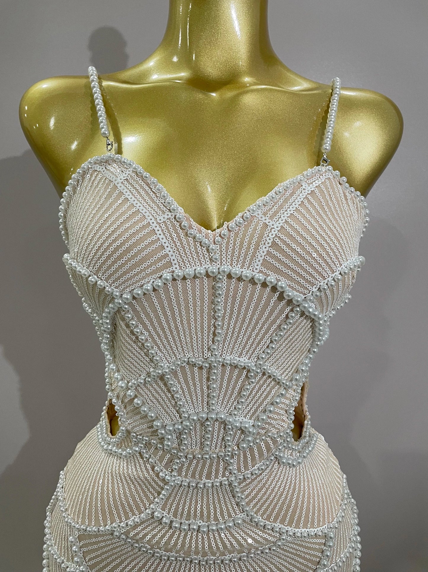 Women Hot Sale Sleeveless Sexy Strap Pearl Beading Sequins Bodycon Long Dress Celebrate Evening Party Birthday Outfit Vestido