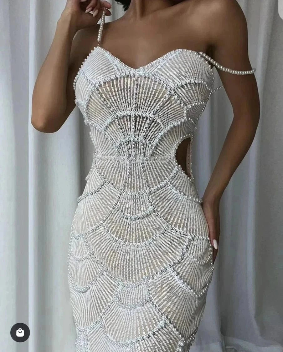 Women Hot Sale Sleeveless Sexy Strap Pearl Beading Sequins Bodycon Long Dress Celebrate Evening Party Birthday Outfit Vestido