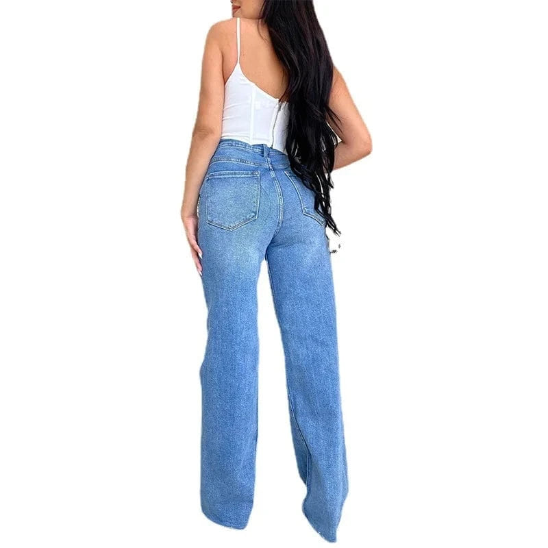 Women Independent Station Autumn And Winter Water Wash High Waist Broken Pants Wide Leg Pants Jeans