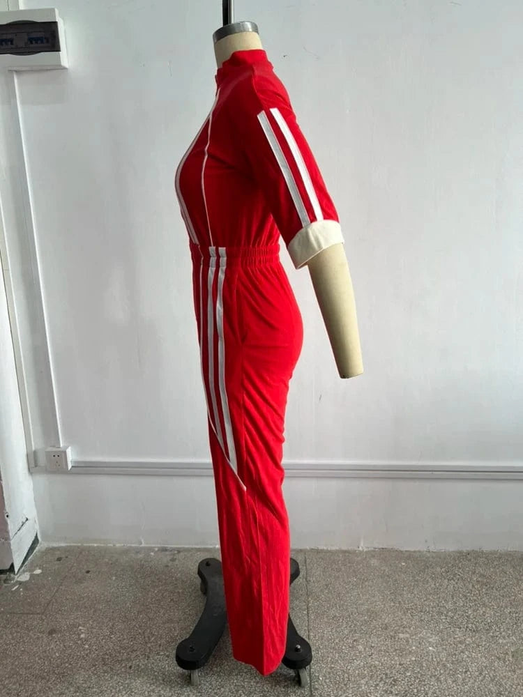 Women Jumpsuits for Spring Half Sleeve Zip Front Stripe Loose Trends Streetwear Overalls Wide Leg Pants Trousers 2025 Summer New