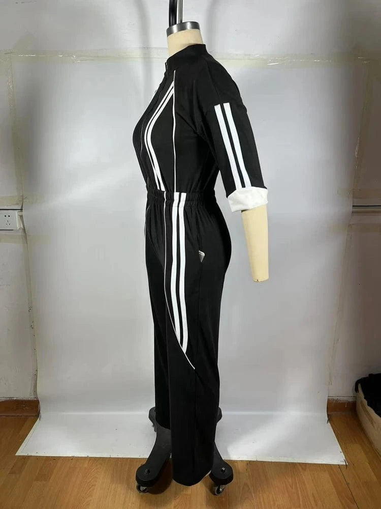 Women Jumpsuits for Spring Half Sleeve Zip Front Stripe Loose Trends Streetwear Overalls Wide Leg Pants Trousers 2025 Summer New