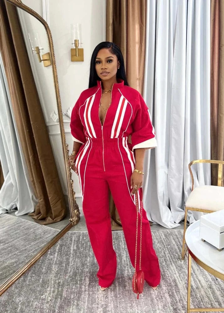 Women Jumpsuits for Spring Half Sleeve Zip Front Stripe Loose Trends Streetwear Overalls Wide Leg Pants Trousers 2025 Summer New