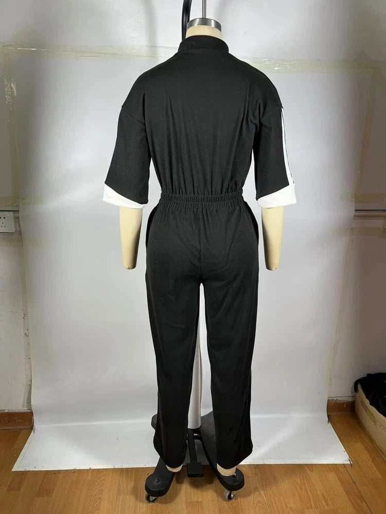 Women Jumpsuits for Spring Half Sleeve Zip Front Stripe Loose Trends Streetwear Overalls Wide Leg Pants Trousers 2025 Summer New
