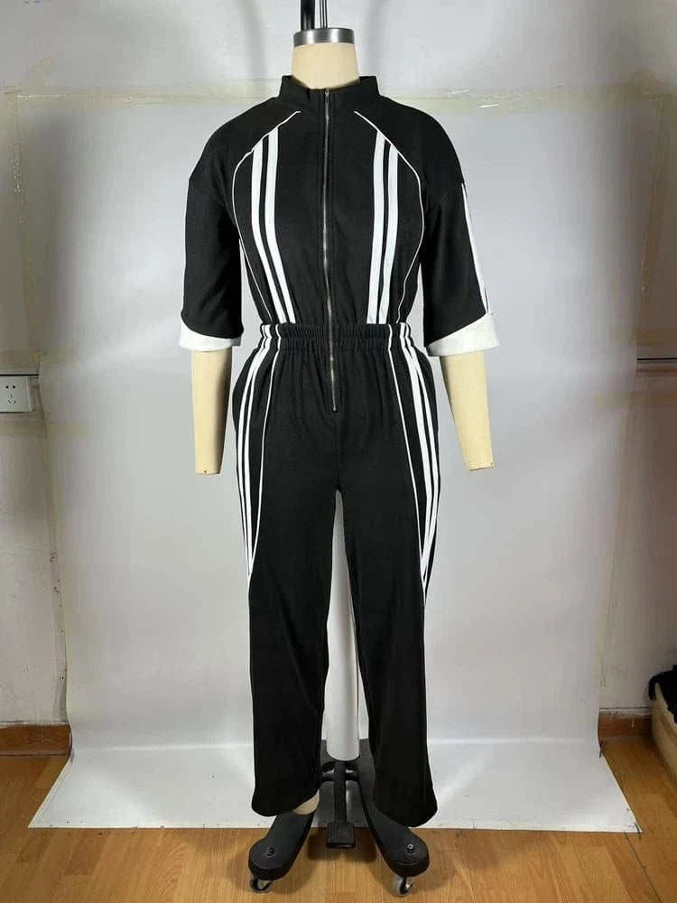 Women Jumpsuits for Spring Half Sleeve Zip Front Stripe Loose Trends Streetwear Overalls Wide Leg Pants Trousers 2025 Summer New