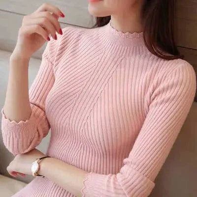 Women Lace Half High Neck Sweater 2023 Autumn Winter New Korean Lady Slim-fit Sweater Long-sleeved Blouse