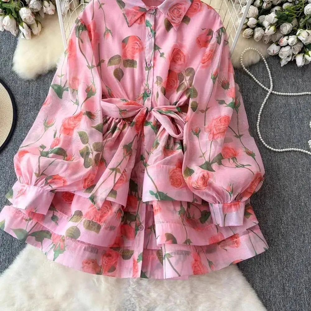 Women Lantern Sleeve Floral Print Lace Up Belt Summer Ball Gown Cute Dress Holiday Gorgeous Flower Ruffles Layer Cake Mini Dress