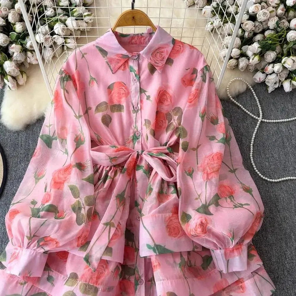 Women Lantern Sleeve Floral Print Lace Up Belt Summer Ball Gown Cute Dress Holiday Gorgeous Flower Ruffles Layer Cake Mini Dress