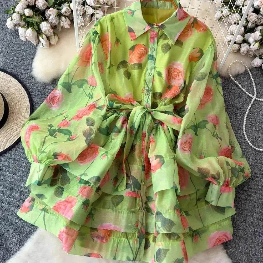 Women Lantern Sleeve Floral Print Lace Up Belt Summer Ball Gown Cute Dress Holiday Gorgeous Flower Ruffles Layer Cake Mini Dress