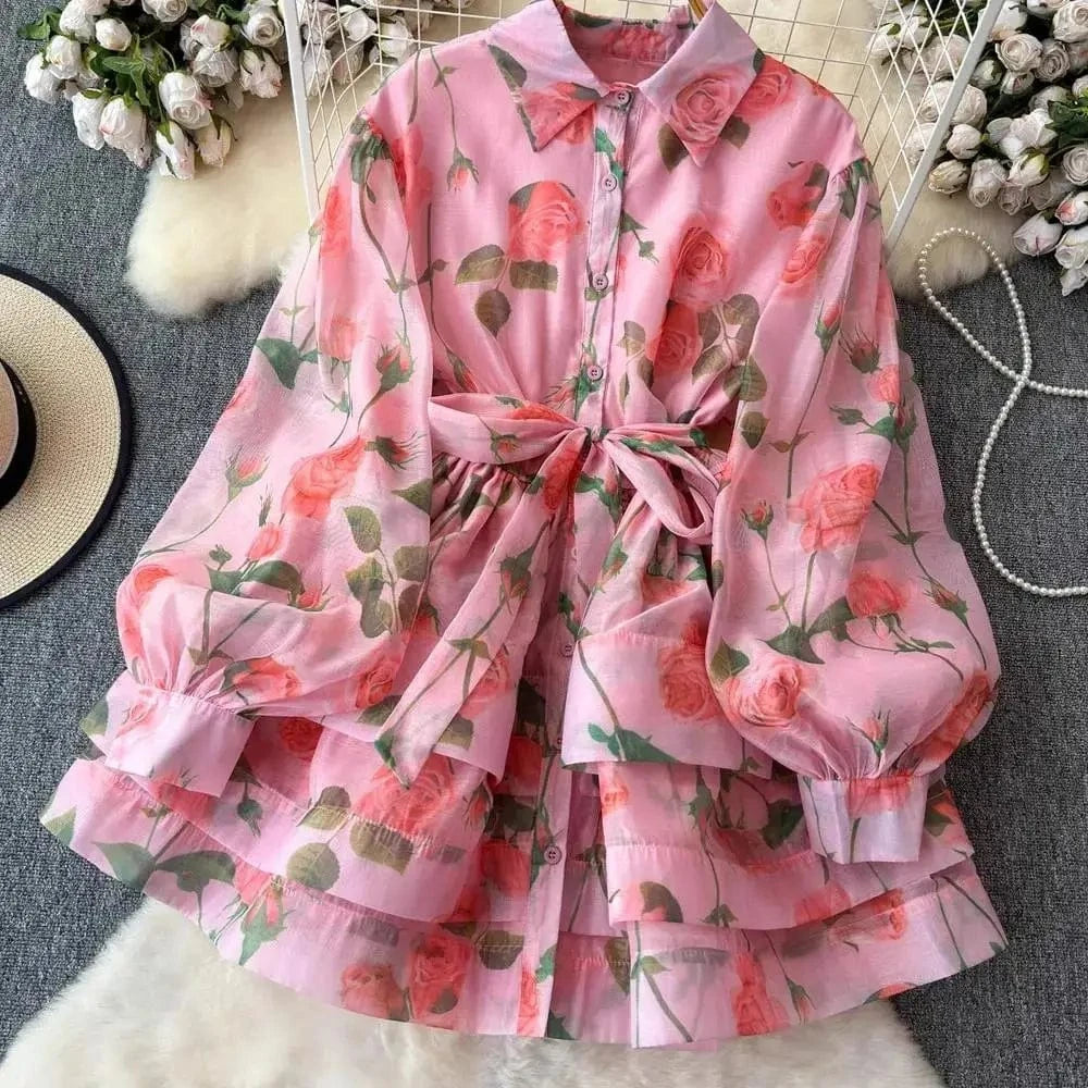 Women Lantern Sleeve Floral Print Lace Up Belt Summer Ball Gown Cute Dress Holiday Gorgeous Flower Ruffles Layer Cake Mini Dress