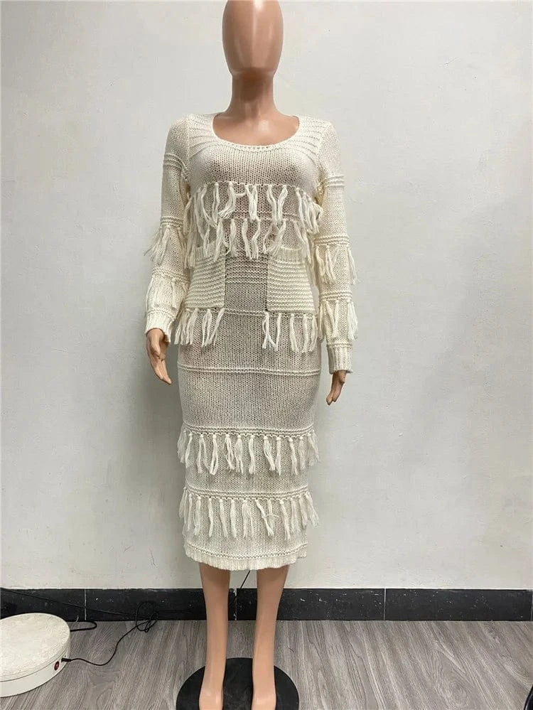 Women Long Sleeve Tassel Bodycon Midi Knit Straight Dress 2024 Autumn Winter O-neck Sweater Vestidos Dresses