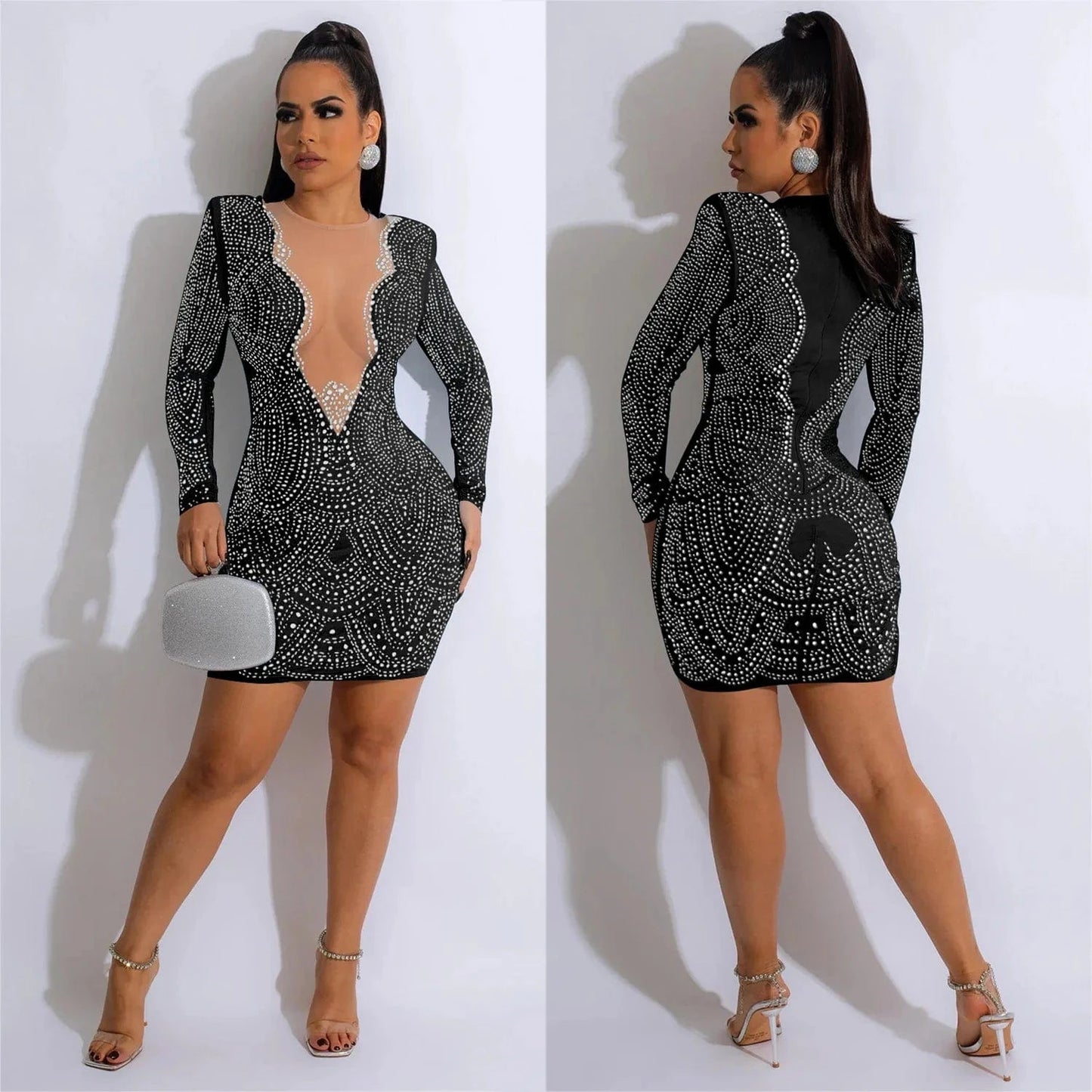 Women Mesh Patchwork Diamonds Hot Rhinestones Wave Bodycon Midi Dress 2024 Spring Evening Sexy Party Dresses Vestidos