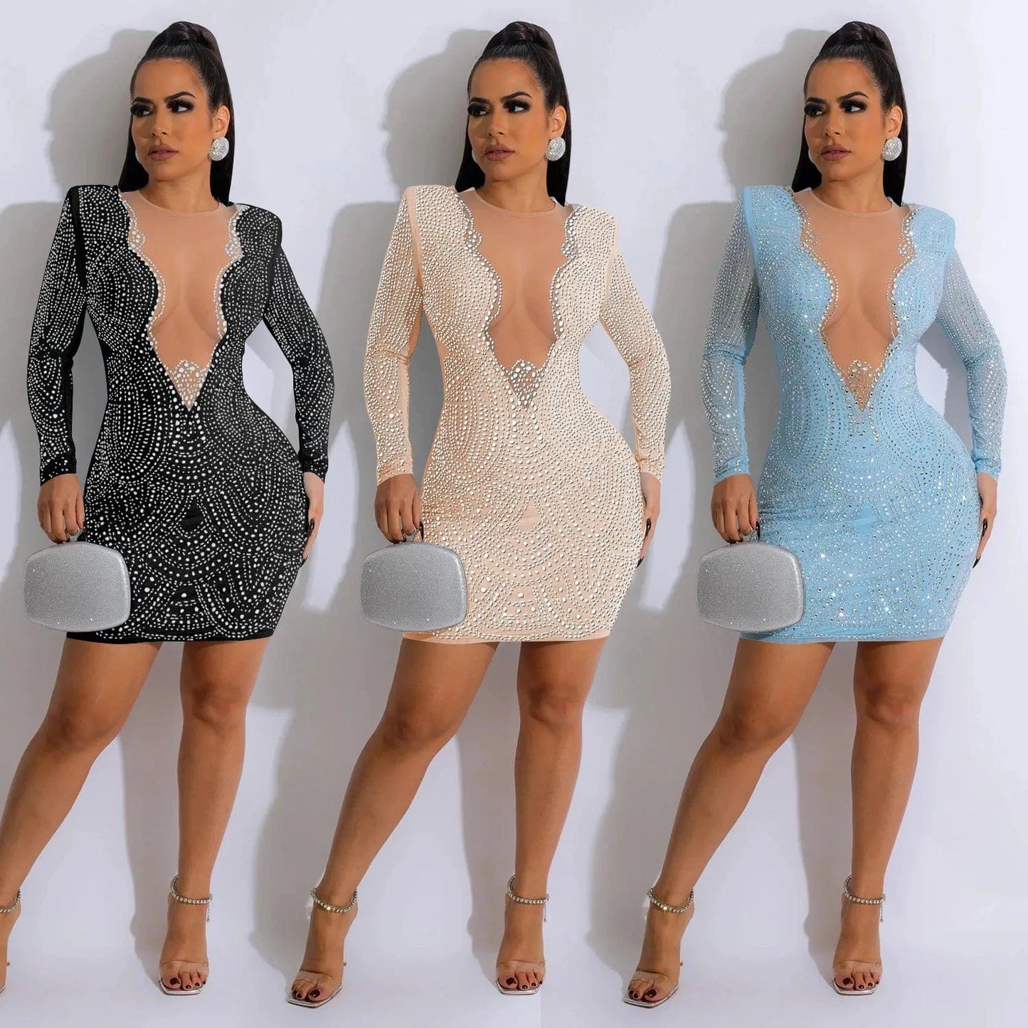 Women Mesh Patchwork Diamonds Hot Rhinestones Wave Bodycon Midi Dress 2024 Spring Evening Sexy Party Dresses Vestidos
