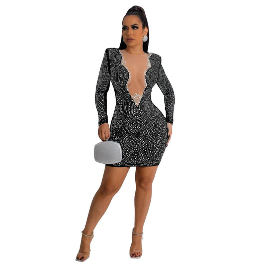 Women Mesh Patchwork Diamonds Hot Rhinestones Wave Bodycon Midi Dress 2024 Spring Evening Sexy Party Dresses Vestidos