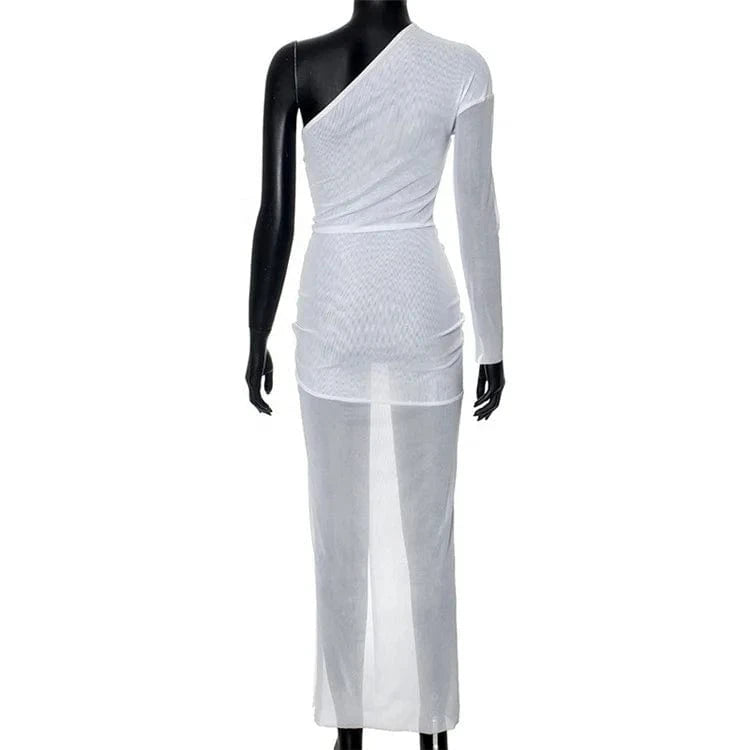 Women Mesh Patchwork One Shoulder Long Sleeve Bodycon Maxi Long Dress 2024 Club Evening Sexy Party Dresses