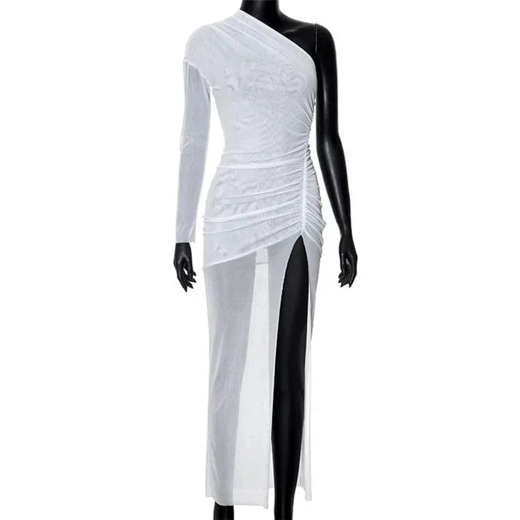 Women Mesh Patchwork One Shoulder Long Sleeve Bodycon Maxi Long Dress 2024 Club Evening Sexy Party Dresses