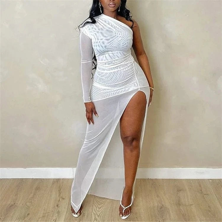 Women Mesh Patchwork One Shoulder Long Sleeve Bodycon Maxi Long Dress 2024 Club Evening Sexy Party Dresses