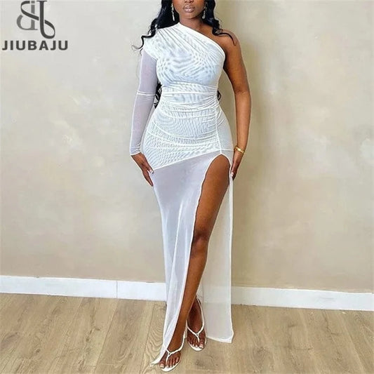 Women Mesh Patchwork One Shoulder Long Sleeve Bodycon Maxi Long Dress 2024 Club Evening Sexy Party Dresses